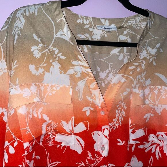 Calvin Klein Blouse XL Red Ombre Whimsical Floral Button Long Sleeve - Picture 2 of 9
